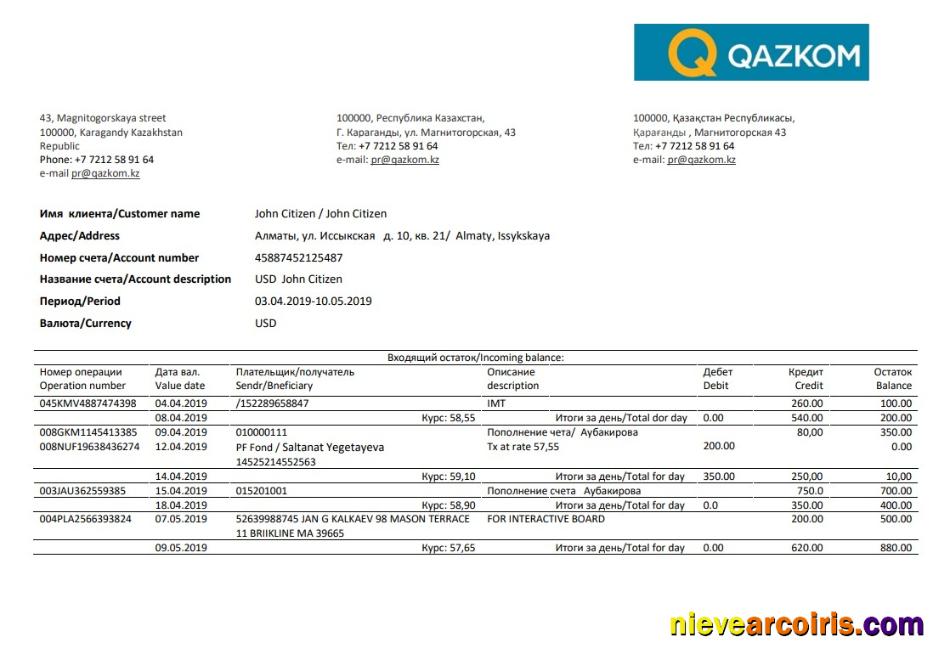 Kazakhstan Qazkom bank proof of address statement in Word and PDF format